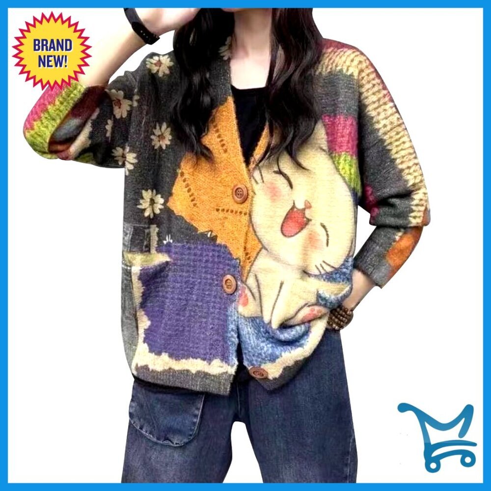 Oversized V-Neck Cardigan with Cat Print, Pockets, Button Front, Acrylic Nylon